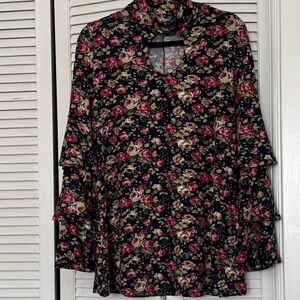 Easel Floral Ruffle Sleeve Blouse - Navy and Rose